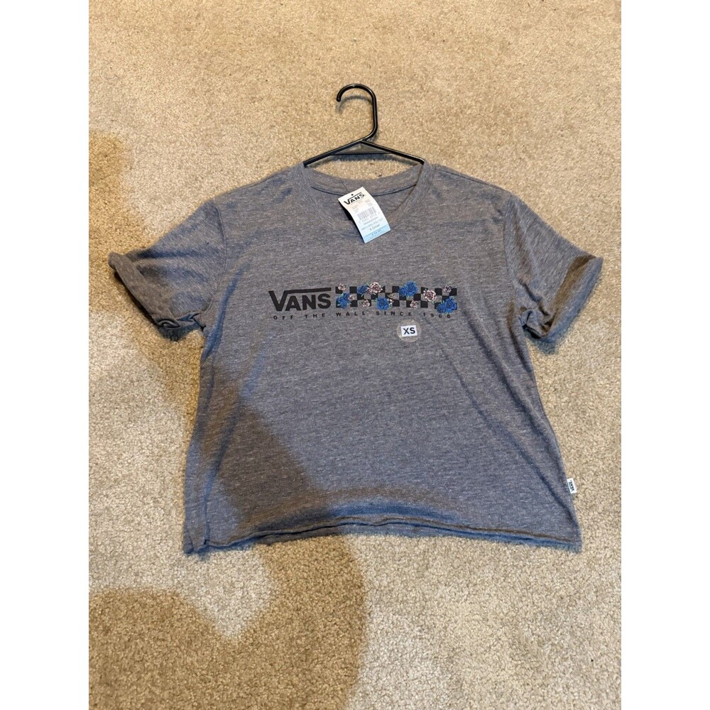 Womens Vans Gray Cropped T-Shirt W/ Floral & Checkered Decal Size XS NWT